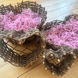 Rustic Brown Wicker Heart Baskets with Pink Accents